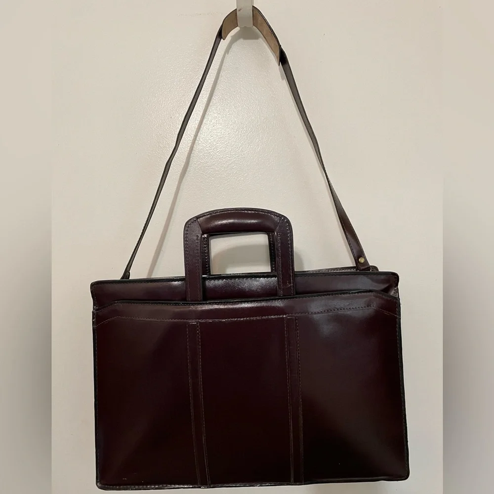Vintage Burgundy Quality Top Grain Leather unisex Briefcase W Shoulder Strap
